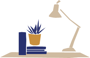 graphic of desk with plant and lamp