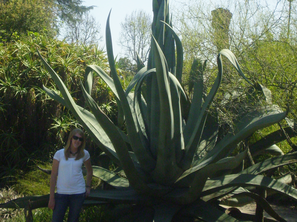 Lindsay Pangborn standing next to giant plant in a garden