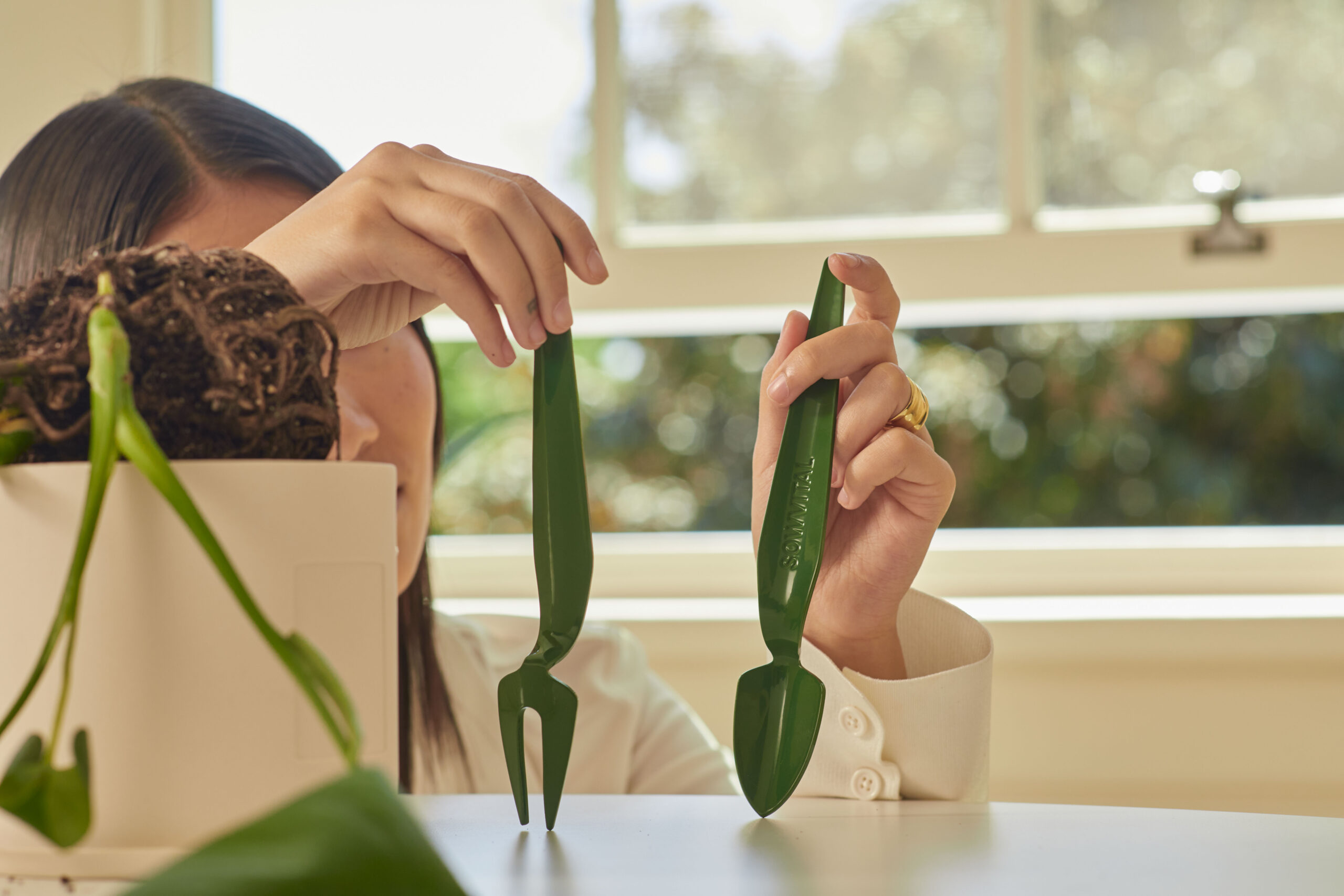 woman examining house plant tool set duo