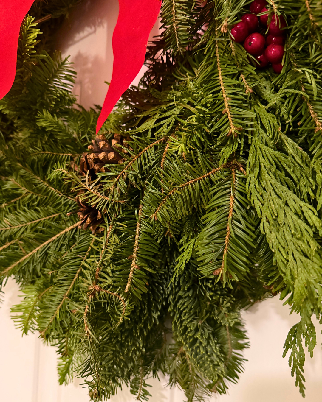 detail shot of pinecones and berries